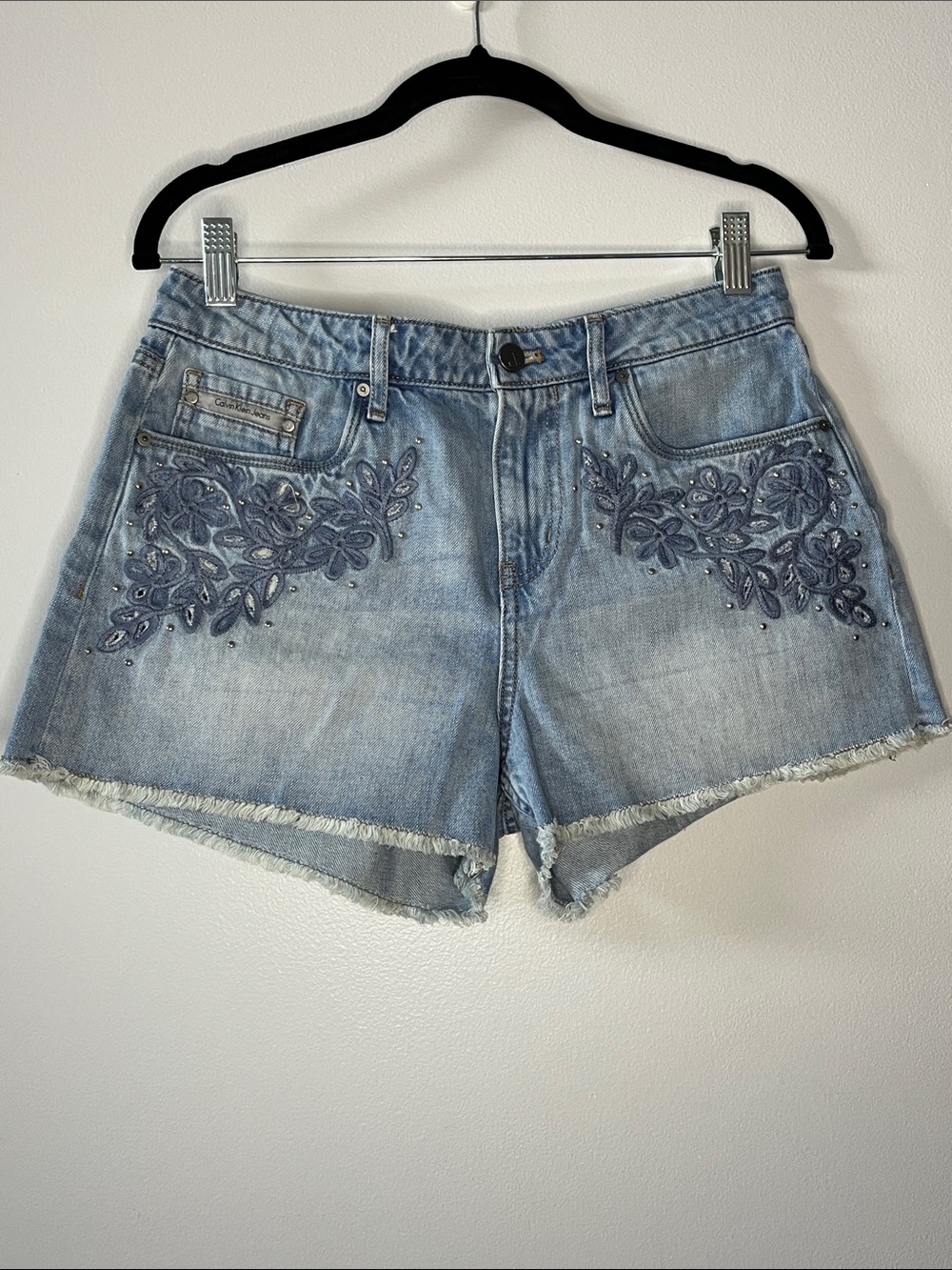 Calvin Klein denim embroidered studded shorts